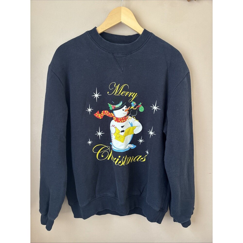 SMI Properties Christmas Sweatshirt Womens L Black Snowman Merry Christmas
